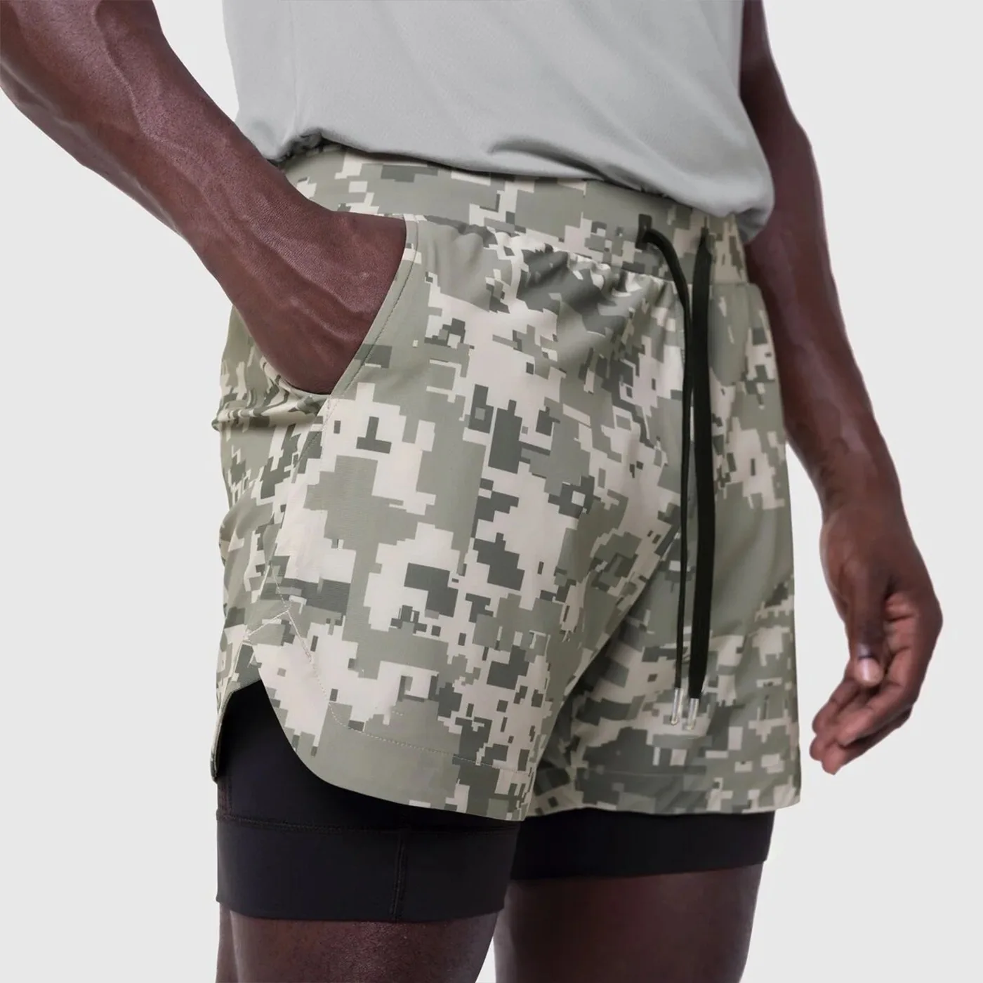 

New Men's Muscle Sport orts Double Layer Woven Qui Dry Camouflage Fitn Leisure American Five-Quarter Pants Spor