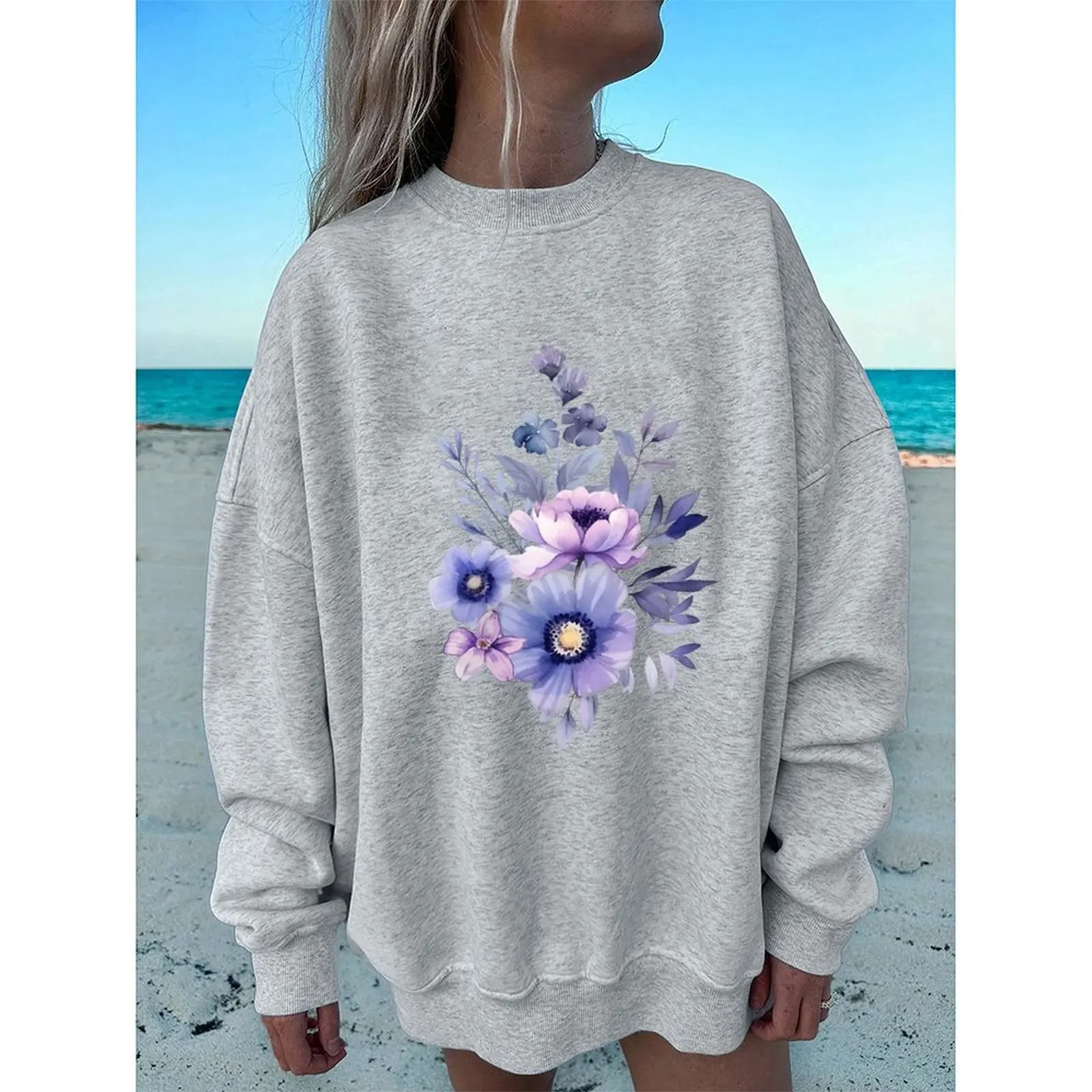 بلوزات نسائية برقبة دائرية ونمط مطبوع بلوفرات رياضية كاجوال فضفاضة مريحة مخملية بأكمام طويلة سترة شتوية للنساء