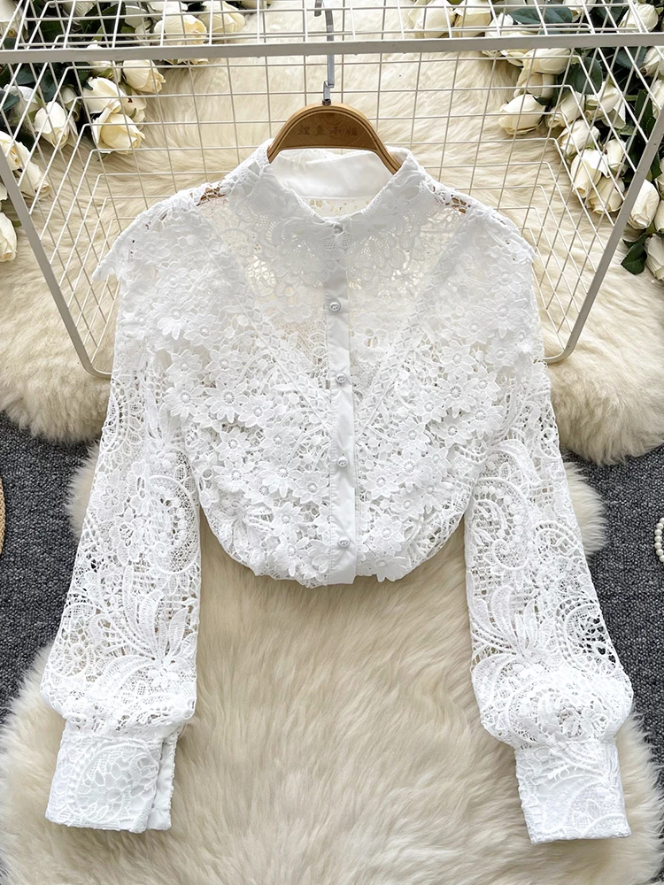 

Spring Autumn Lace Long Sleeved Shirt Women's New French Retro Hollow Hook Flower Embroidery Versatile Pearl Button Blouse C163