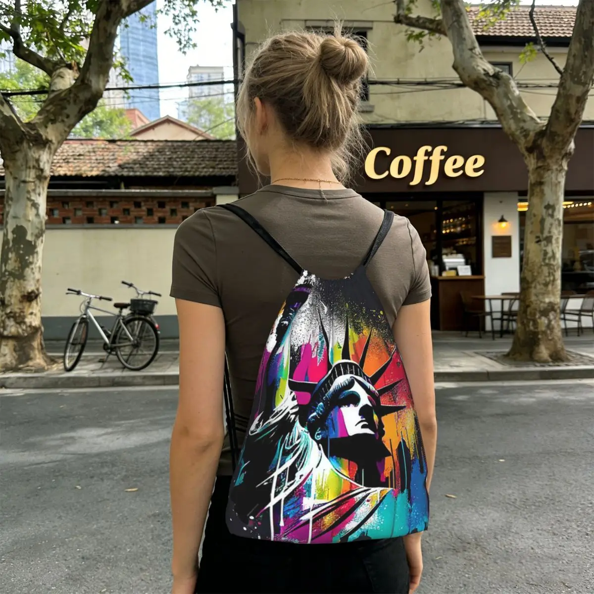 Statue Of Liberty Graffiti Print Backpacks Portable Drawstring Bags Sports Bag Book Bags for Man Woman Students