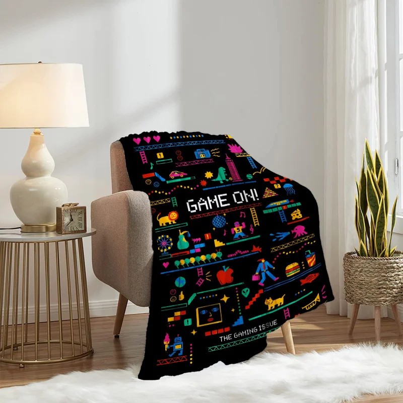 Pixel Game On Flannel Throw Blanket, Retro Colorful Arcade Game Print Soft Blanket for Kids Bedroom Sofa Cozy Home Decor