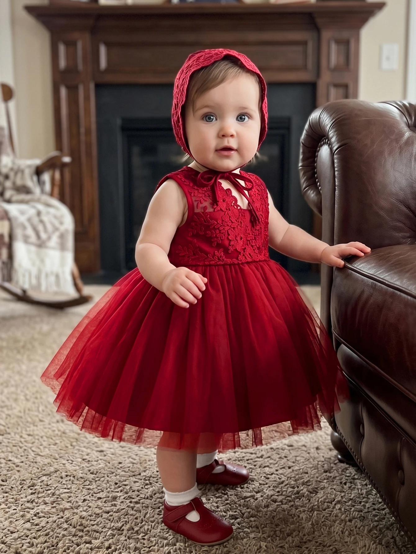 Baby Girls Burgundy Lace Dress With Bonnet And Large Bow Sleeveless Tulle Princess Gown For Birthday Gift Photoshoot Celebration