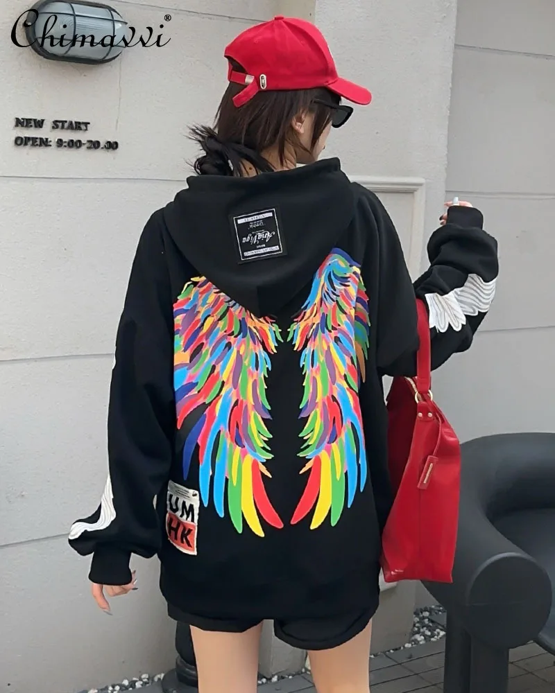 Large Size Fashion Wings Graffiti Hooded Sweatshirt Women's Mid-length Loose Pullover Top 2024 Autumn New High Street Hoodies