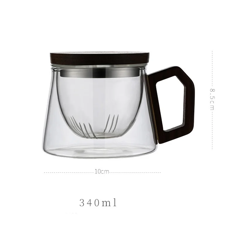 340ml Wooden Handle Heat Resistant Glass Tea Mug with Lid Removable Infuser Water Tea Separation Office Brewing Cup