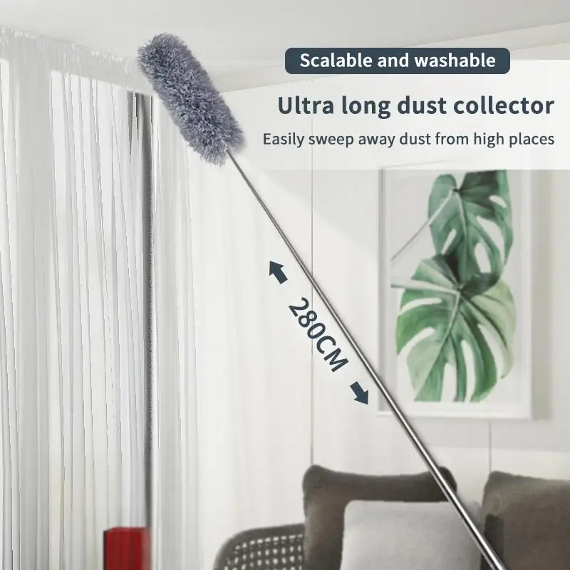 Extendable Microfiber Duster 280CM Retractable Long Pole Washable Head for Household Ceiling Fan Dusting