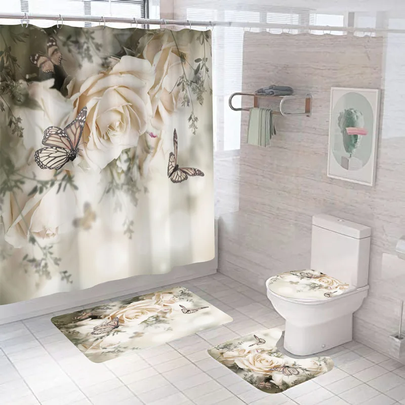 Butterfly Bath Curtain 3D Print Flowers Modern Bath Mat Set Waterproof Carpet High Quality Toilet Rugs Shower Curtain With Hooks