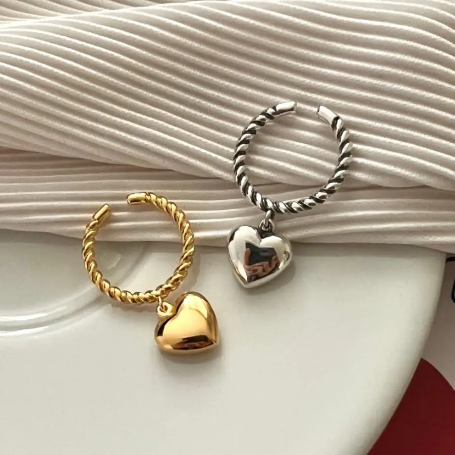 INS Korean 18K Gold Plating Authentic 925 sterling silver Braid Twist &Rounded Heart Tassel Ring adjust C-J1235