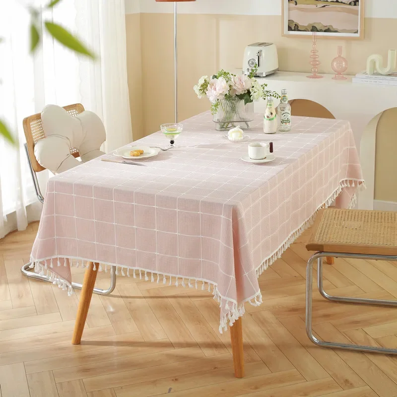 Zwt9207 Solid Color Checkerboard Waterproof Dustproof Dining Table Cloth Rectangular Fabric Dining Table