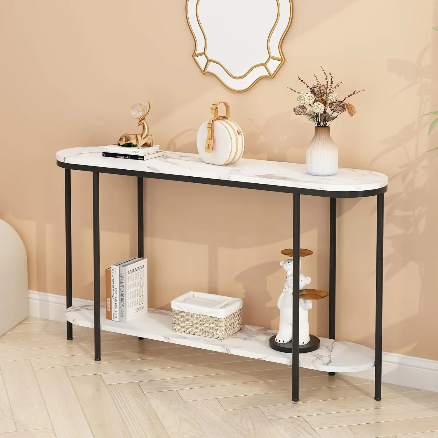 

2-Tier Console Table For Entryway, Sofa Table With Storage Shelves White Round Faux Marbled Tabletop Bla Metal Frame, Modern