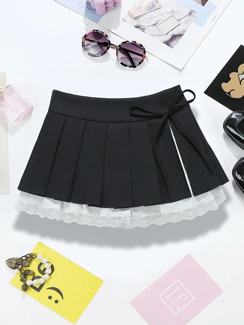 2026 Nieuwe Boog Grijze Rok Hoge Taille Kant Splicing Split Een Woord Plooirok Dames