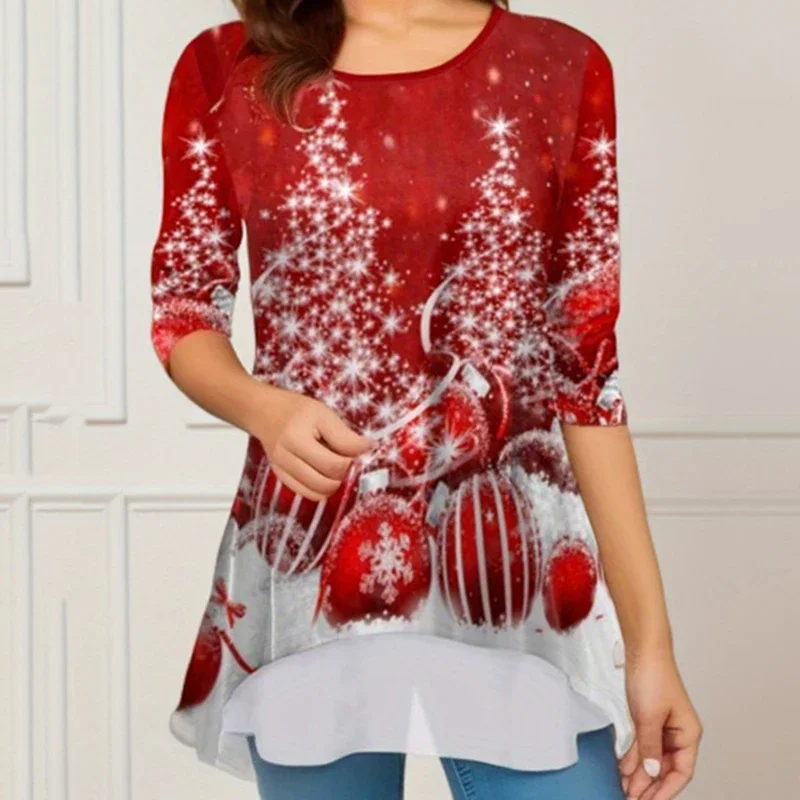 Primavera otoño nuevos productos sueltos Vintage Navidad Tops ropa Casual estampado navideño mujer camiseta cuello redondo señoras mangas largas