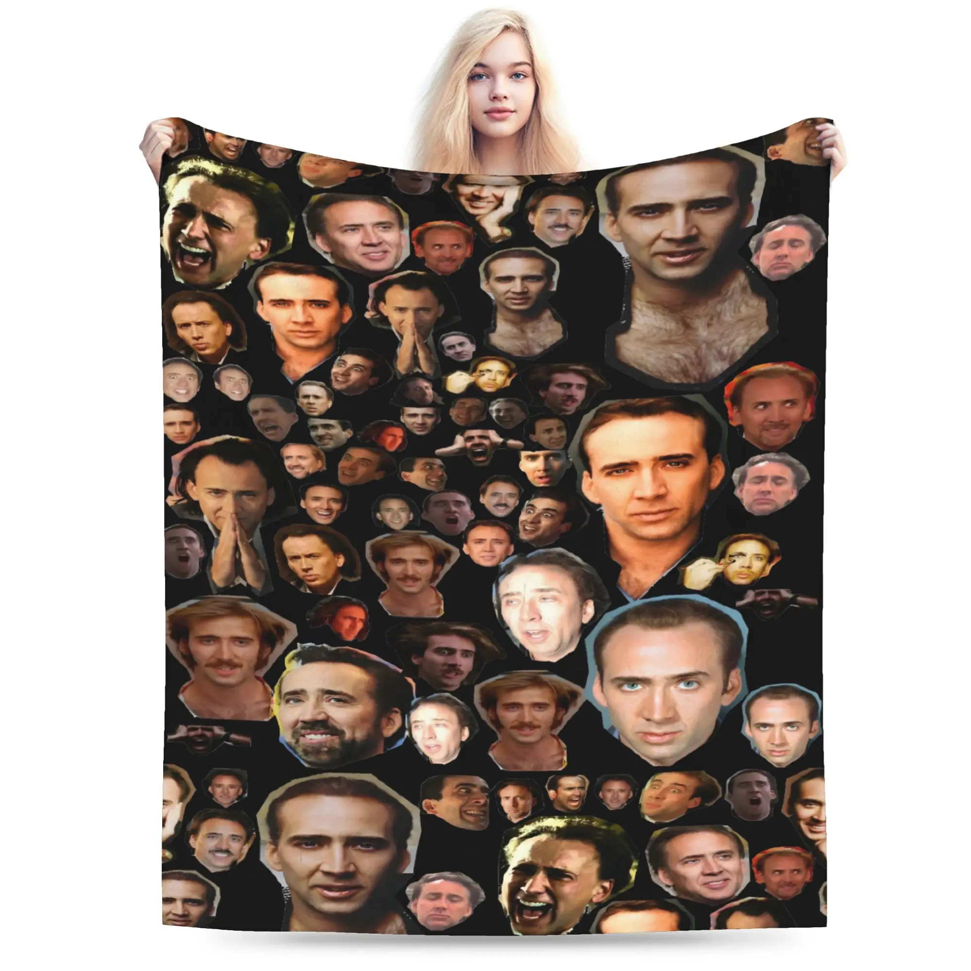 Custom Sofa Fleece Nicholas Cage Throw Blanket Warm Flannel  Faces Expression  Blankets for Bed Office Couch Bedspreads