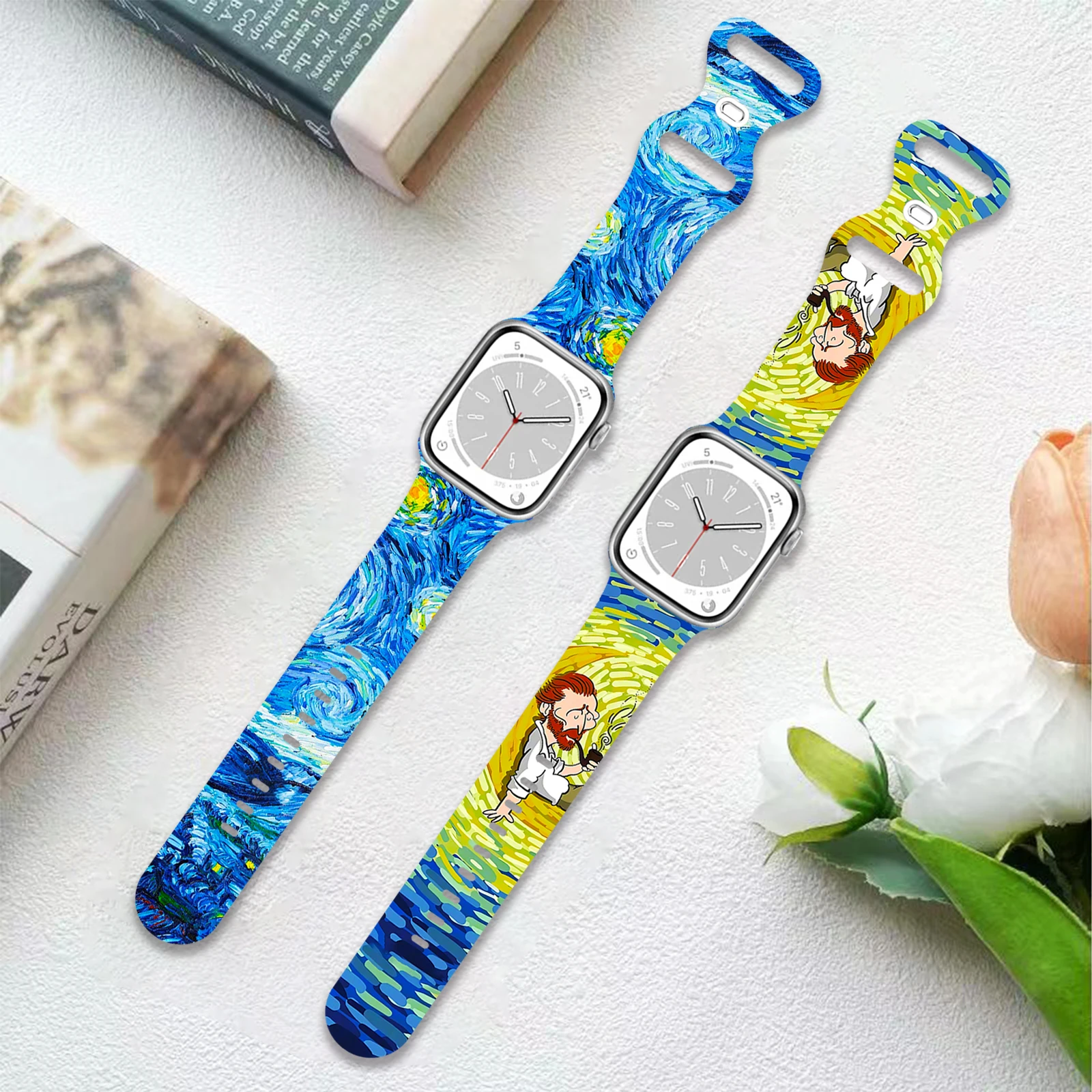 Van Gogh Printed Strap for Apple Watch 9 8 7 SE 6 Silicone Band Replaceable Bracelet for iWatch 45mm 44mm 42mm 41mm Watchband