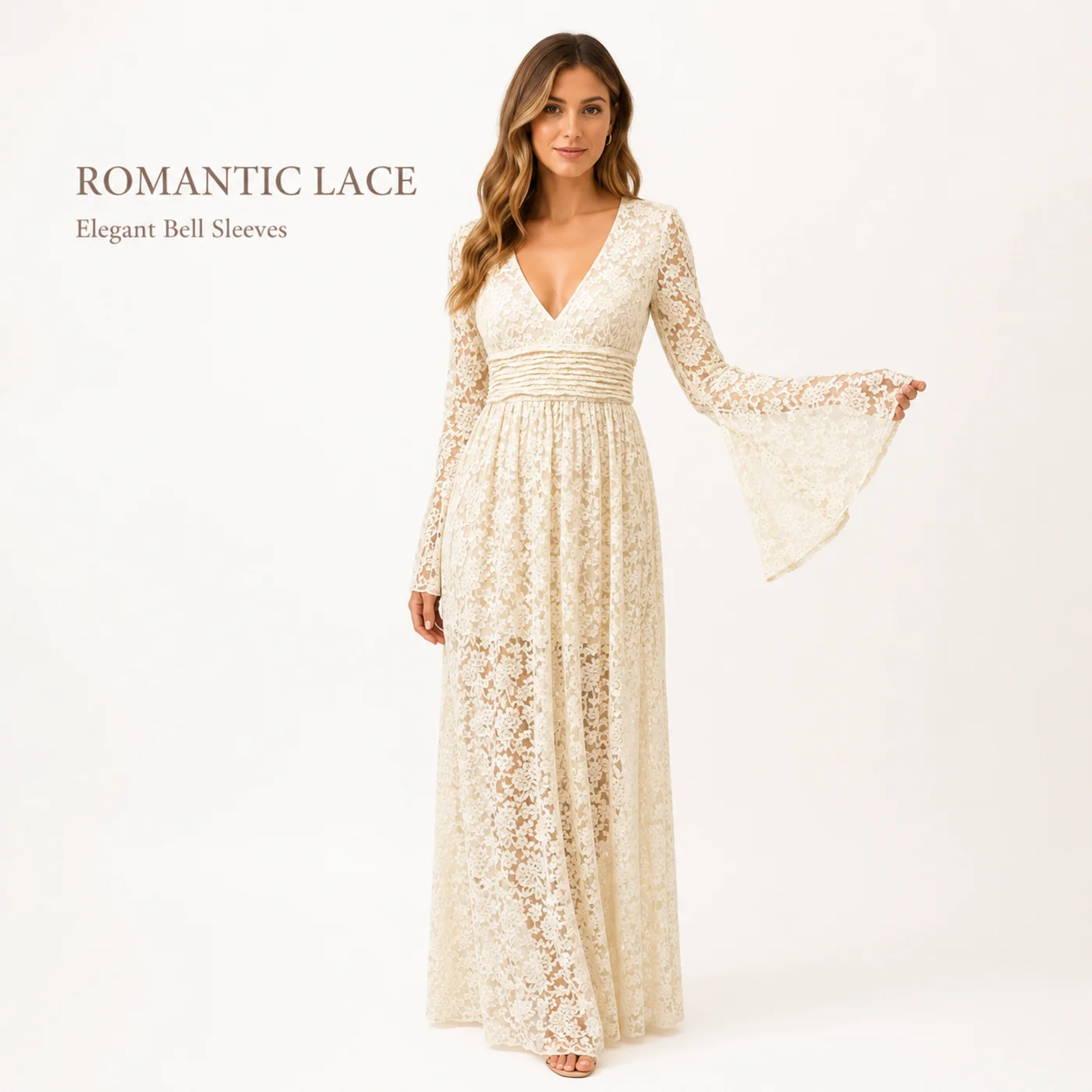 Cremegelbes Spitzen-Maxikleid für Damen, Tiefer V-Ausschnitt, Ausgestellte Ärmel, Hohe Taille, Elegantes Hochzeits-Brautjungfern-Abendkleid 3XL