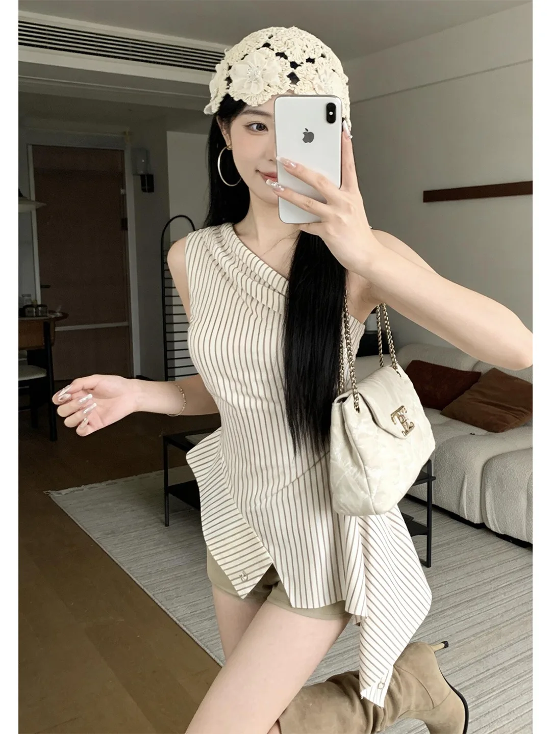 

Summer 2026 Women's Striped Shirt Irregular Shoulder Sleeveless Beautiful Korean Style Commute Fashion Polyester Fiber Waist in