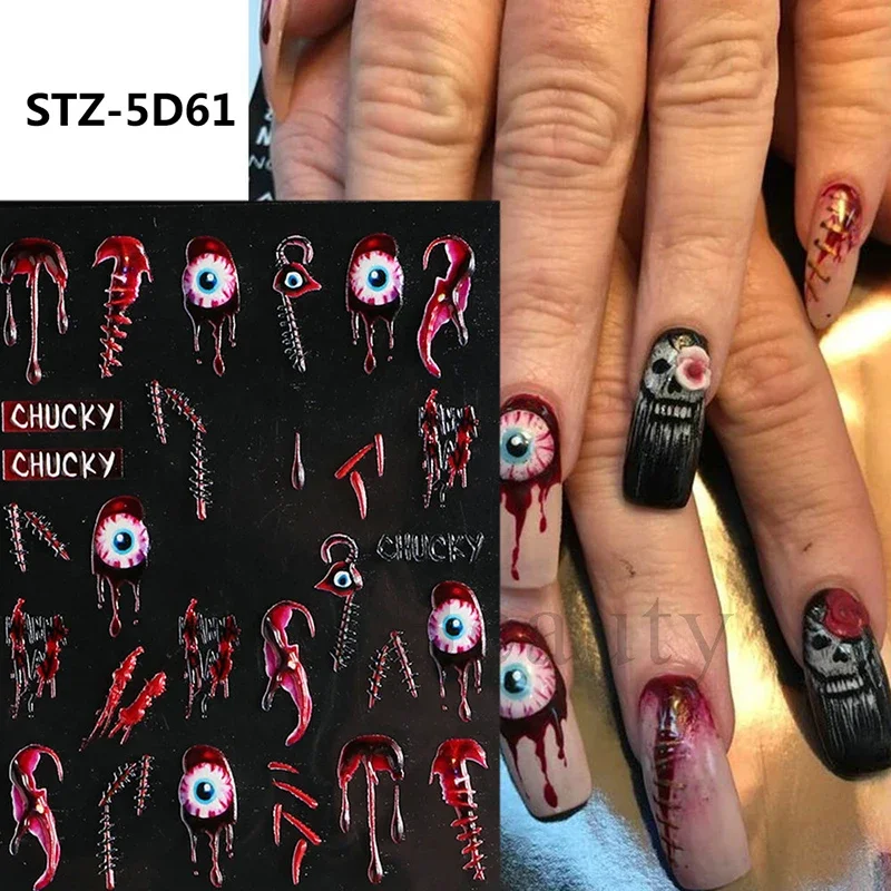 Naklejki na paznokcie Devil Eye Halloween Blood Skull Spider Witch Naklejka na paznokcie dla kobiet i dziewcząt 5D Relief Ghost Fake Nail Sticker