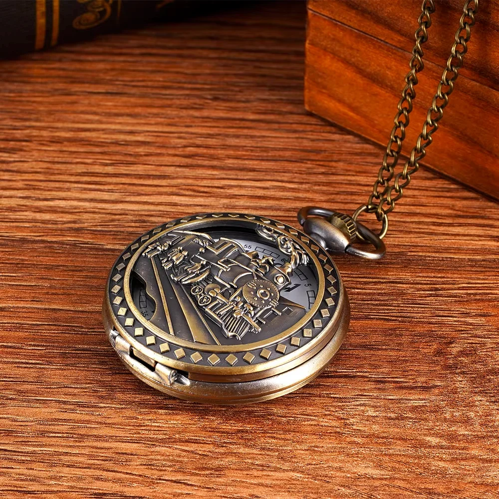Large bronze hollow locomotive flip pocket watch retro retro locomotive pocket watch necklace pendant watch