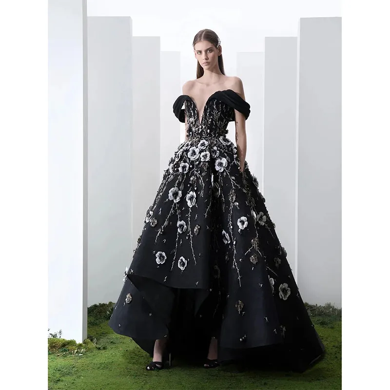 Black High Low Beaded Backless Prom Dresses Off The Shoulder A Line Formal Dress Sweep Train Appliqued Evening Gowns