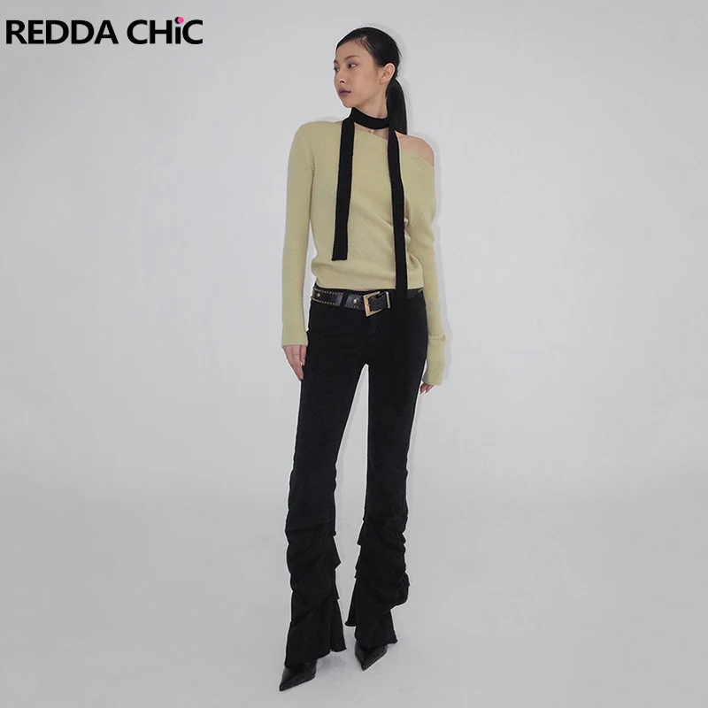 

ReddaChic Solid Black Stacked Women Flare Jeans Y2k Vintage Wash Slim Fit Stretch Casual Bootcut Pants Grayu Harajuku Streetwear