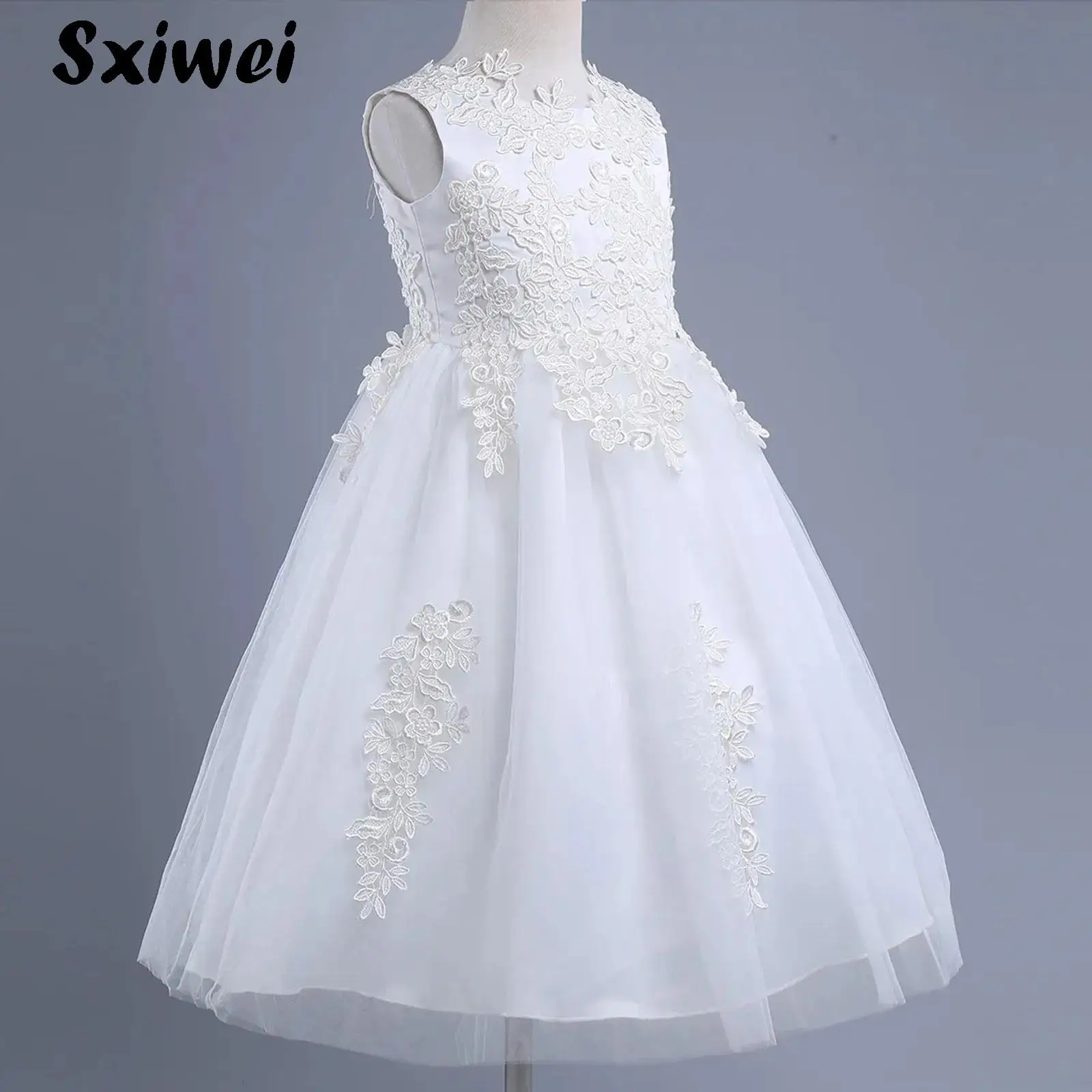 

Kids Flower Girl Floral Lace Embroidered Dress Ivory Sleeveless Formal First Communion Dress Wedding Pageant Bridesmaid Prom Gow