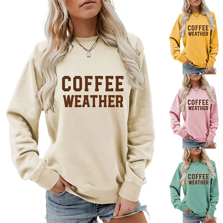 Autumn new long-sleeved T-shirt hoodie coffee weather color printed casual loose round neck top with ladies fashion pullover