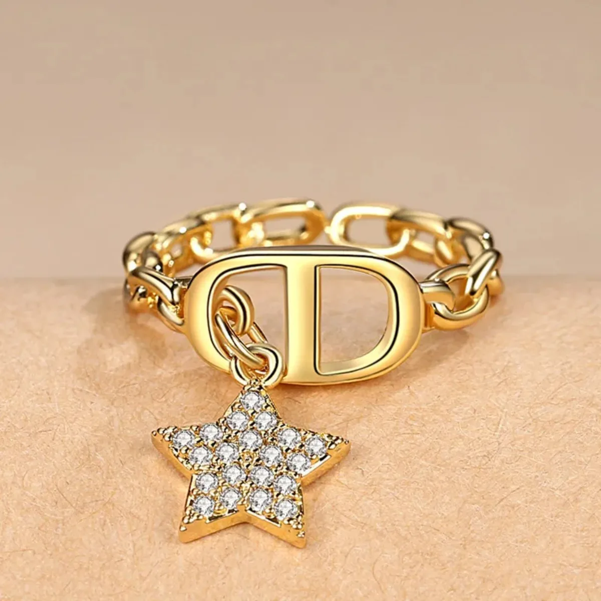 Adjustable CD Initial Ring, Star Diamond Design Open Ring, Niche Everyday Jewelry for Women, Versatile Stackable