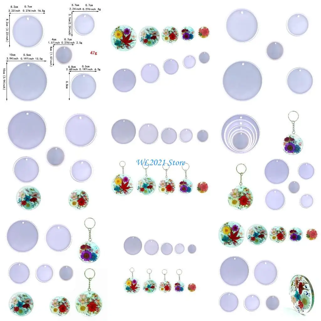 

G5GC 5 Pcs Resin Casting Silicone Molds Five Sizes Round Keychain Pendant Mould