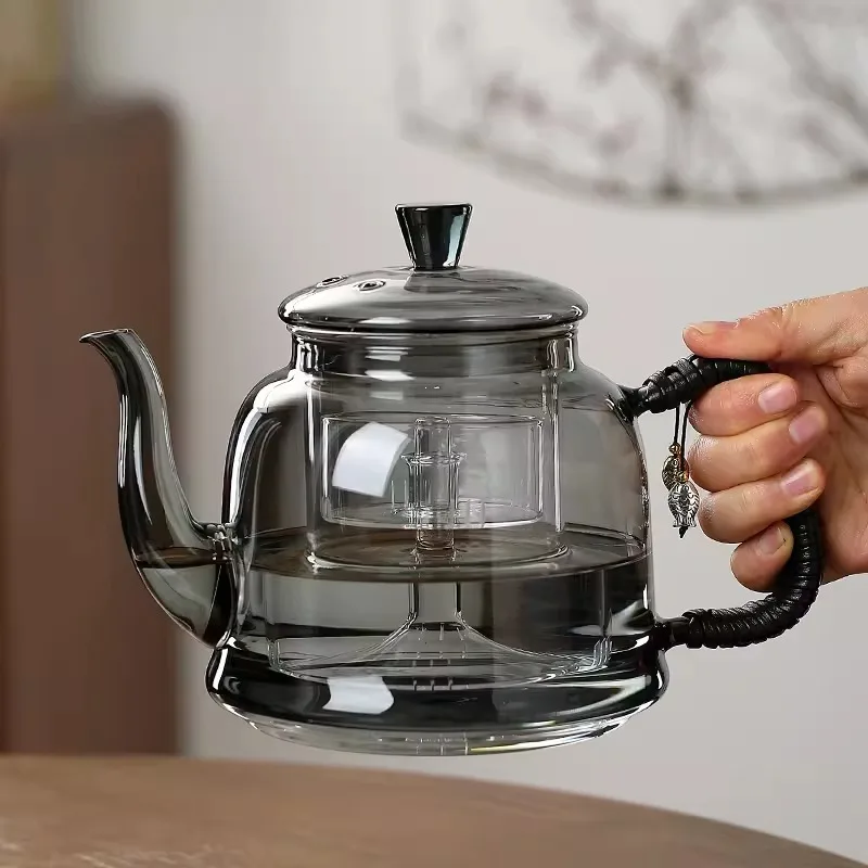 High Borosilicate Glass Tea Pot with Large Capacity, Gray Transparent, Integrated for Boiling and Brewing Tea, Single Pot