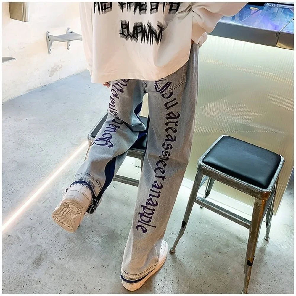 2025 Europese herenjeans Neutrale denimbroek met wijde pijpen Losse rechte letterprint Baggy Man Jean-broek Casual Baggy hiphop