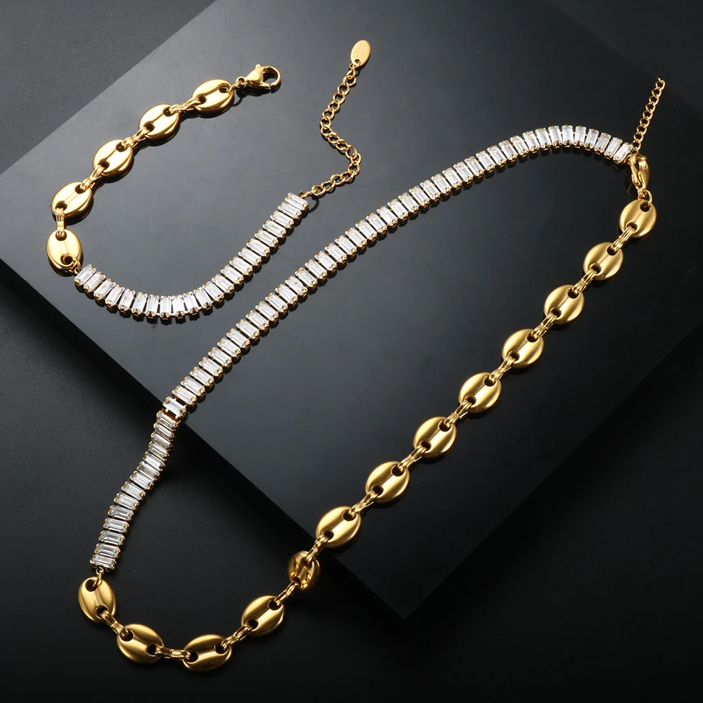 Trend Jewelry Set Stainless Steel Coffee Beans Link Chain Bracelets Cubic Zirconia Crystal Necklace for Men Women Punk Choker