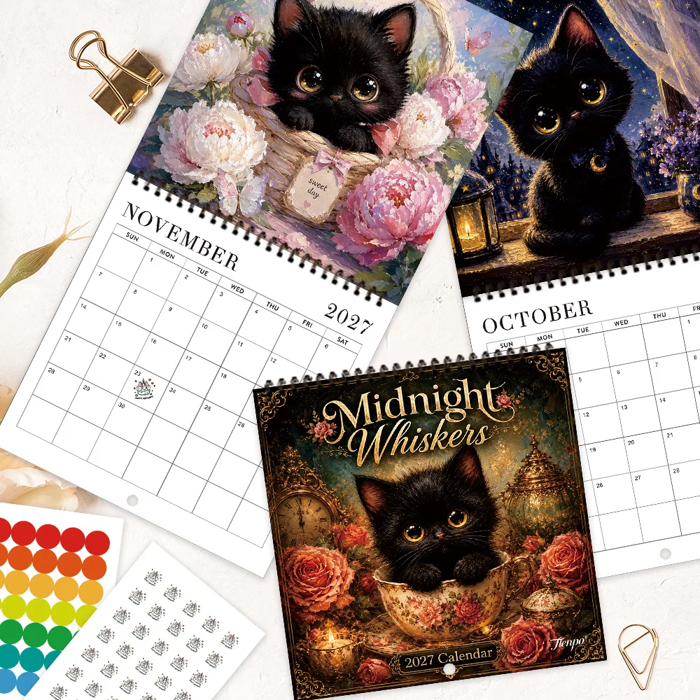 1pc 2027 Vintage Black Cat Wall Calendar,12‑Month Planner,Gift For Back‑to‑School,Christmas,New Year,Free Stickers Included