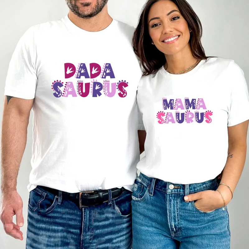 Cartoon Letter Couple T-shirts Dad/Mama Saurus Print T Shirt Summer Dinosaur Pattern Fashion Husband Wife Cute Matching T-Shirt