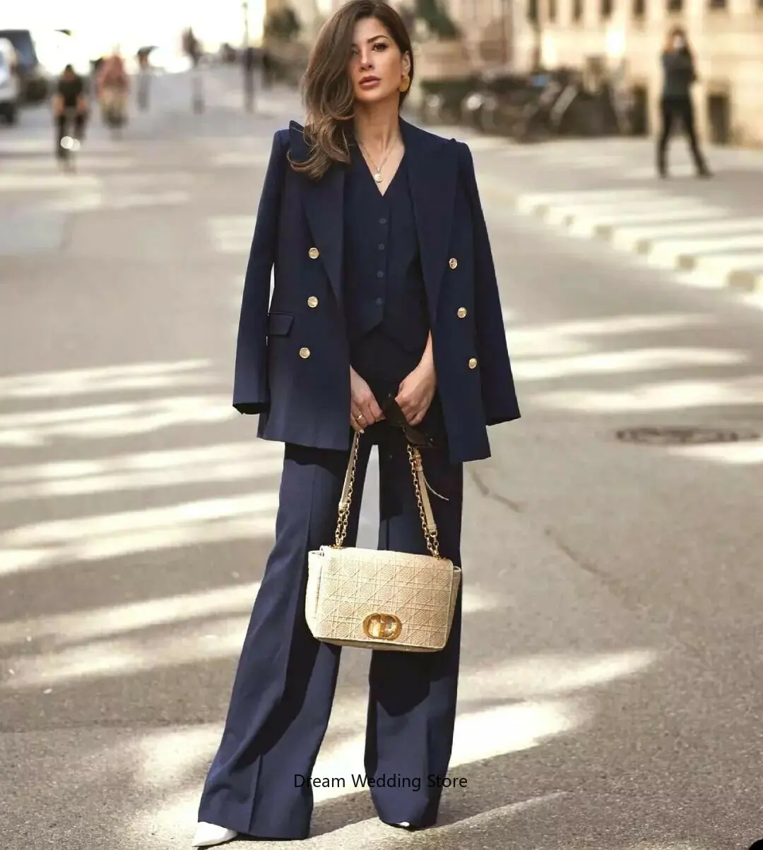 Navy Blue Women Suits 3 Piece Set Designer (Jacket+Pants+Vest）Custom Made Formal Blazer Metal Button Office Business Coat