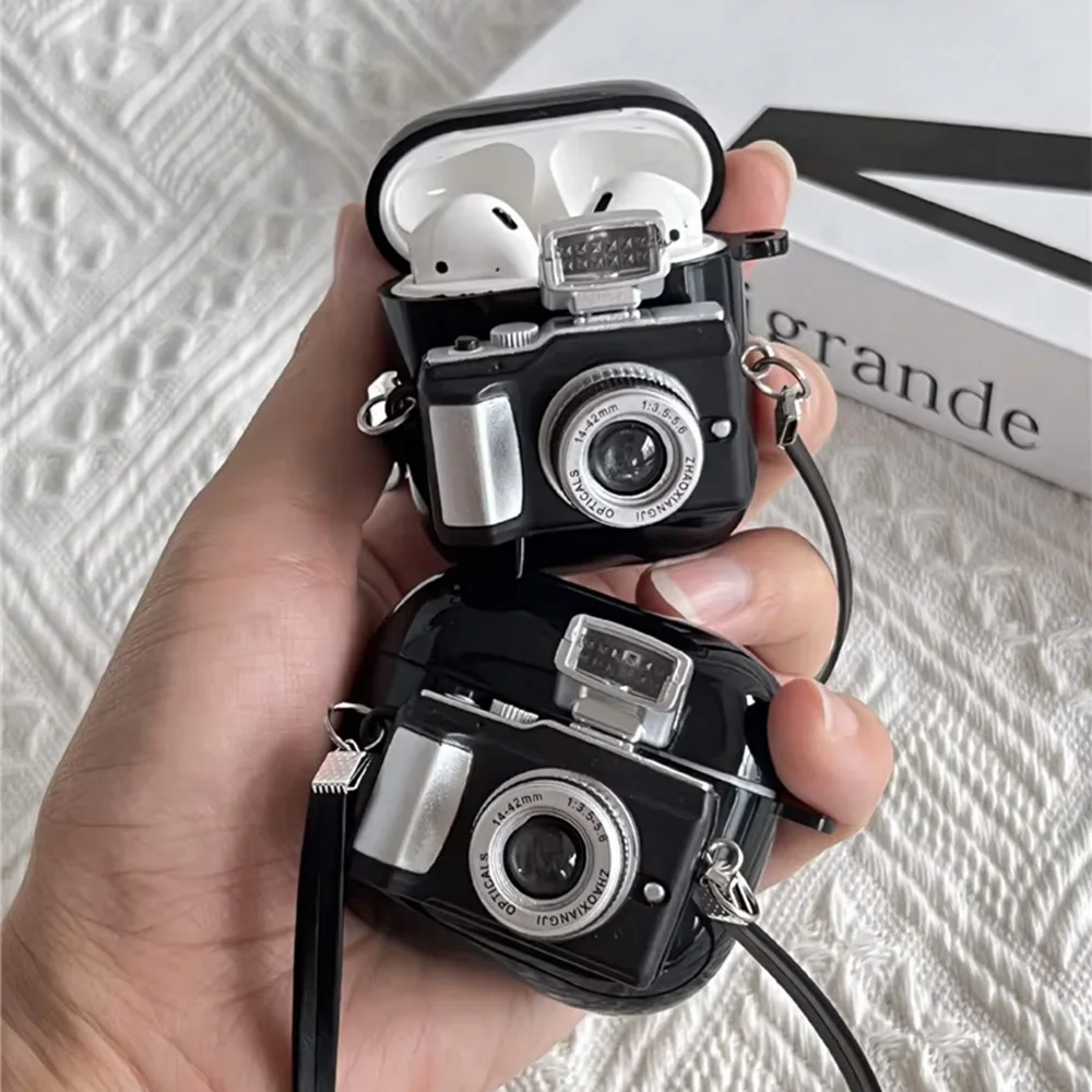 Vintage Camera Earphone Case with Strap for Apple Airpods Pro 2 3 1 Soft Headphone Cover for AirPod 4 2024 Generation