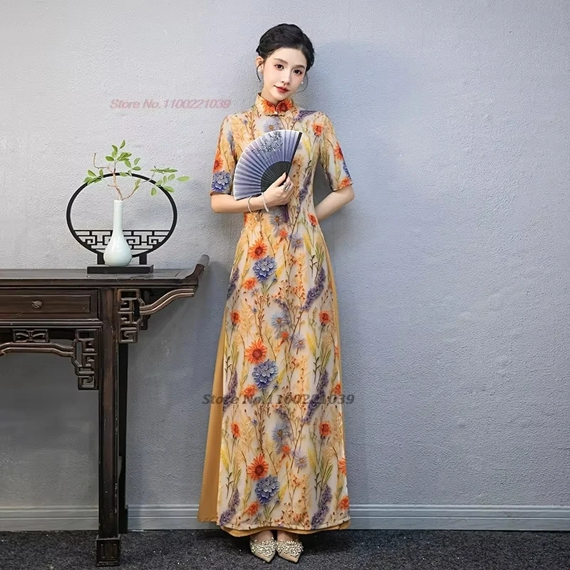 2025 traditional vietnam vintage dress aodai national flower print folk dress chinese vintage qipao elegant evening party dress