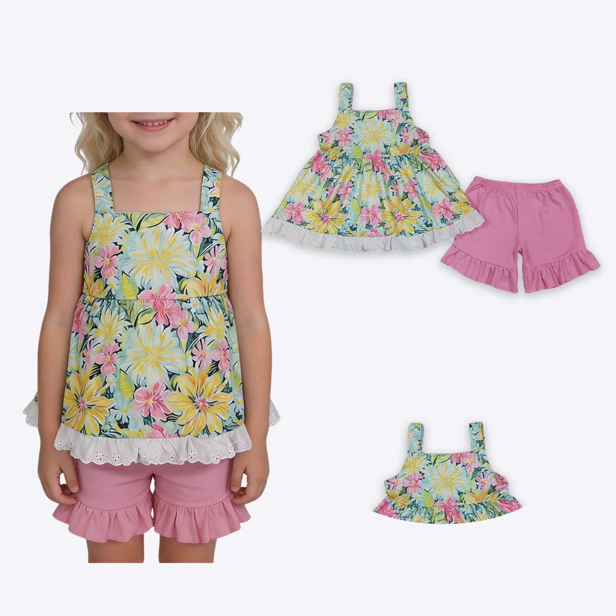 

Cutest Toddler Baby Girls Strap Colorful Flowers Tunic Ruffle Shorts Clothes Sets Children Clothing Infant Outfits Wholesale