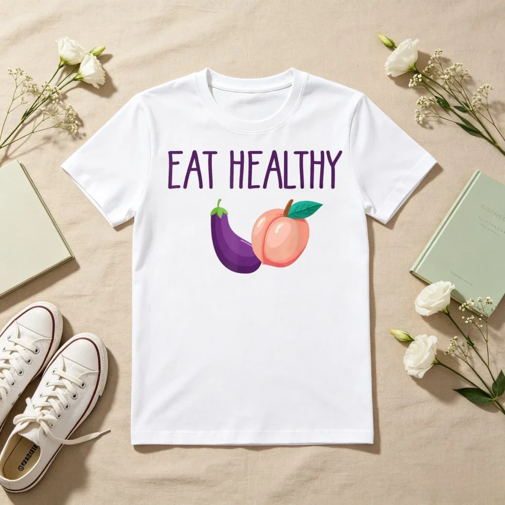 Eat Healthy Peach Eggplant Funny Graphic Printed T-Shirt Vegetarian Vegan Casual Fashion Loose Man Women Tshirt Short Sleeve Tee