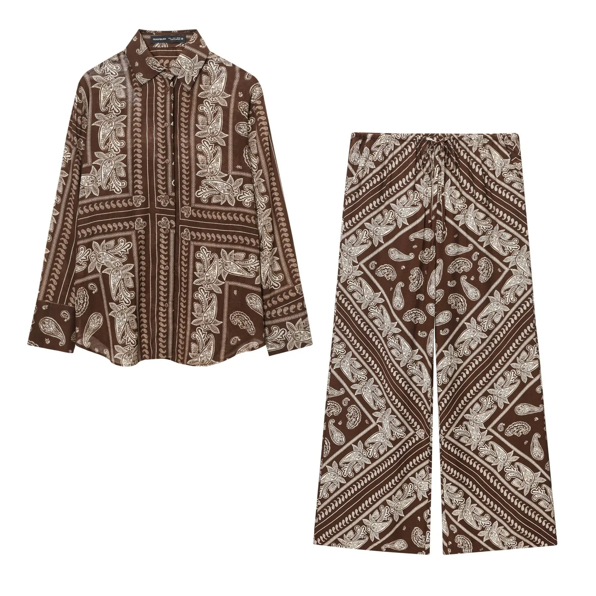 

SuperAen Summer New European and American Style Cotton Straight Printed Shirt Casual Loose Fashion Wide-leg Pants Two-piece Sets