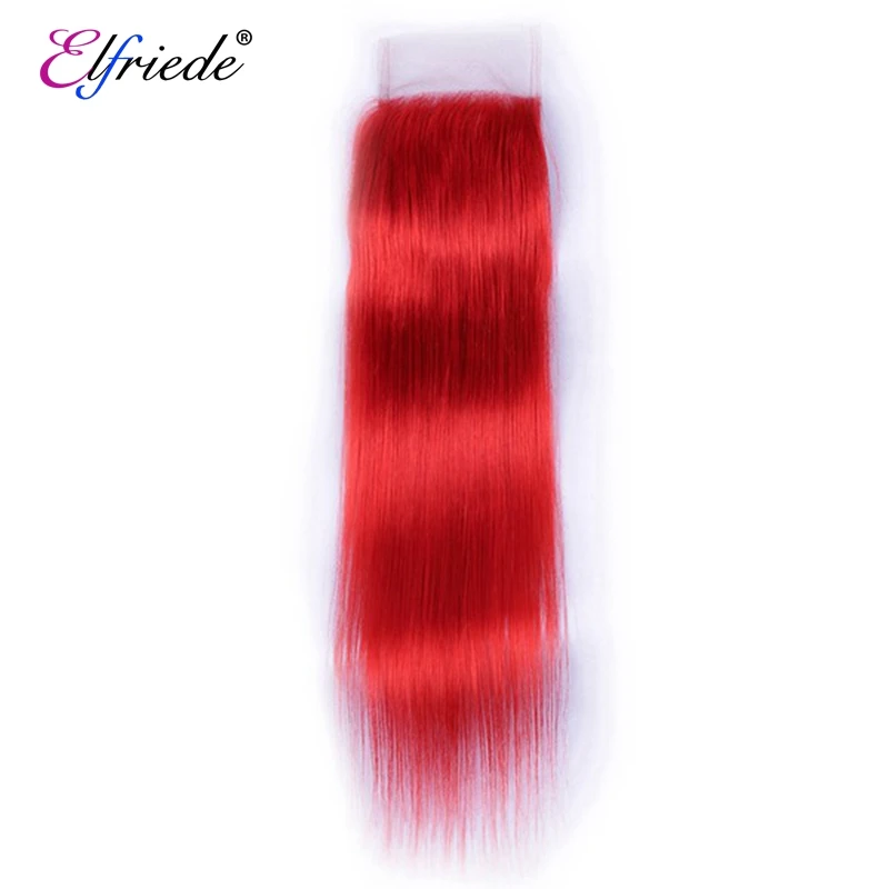 Elfriede #Red Straight Hair Bundles with Closure Colored Human Hair Sew In Wefts 3 Bundles with 4X4 Transparent Lace Closure