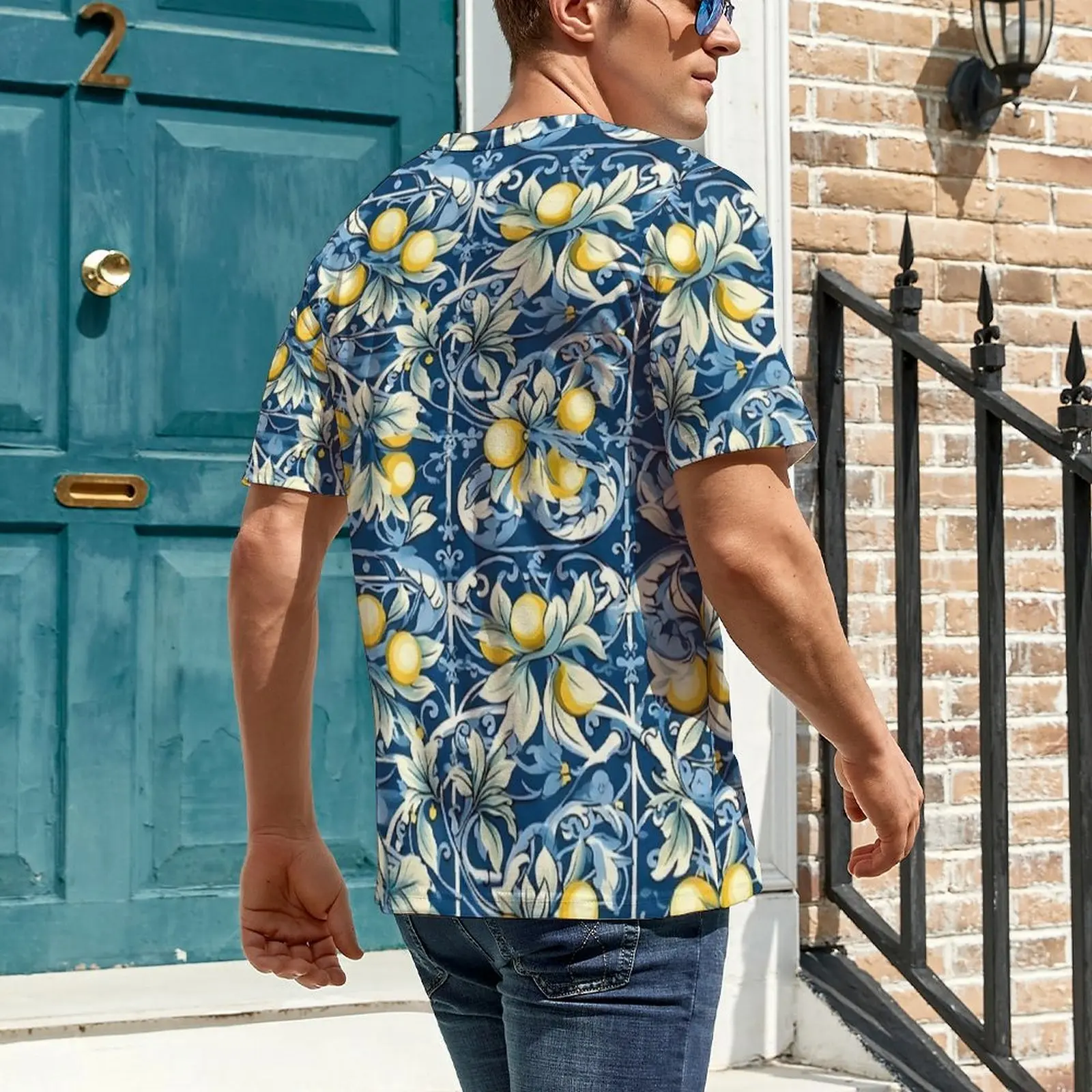Lemon Blue Majolica Tile Print T Shirt Novelty T Shirts Man Awesome Tee Shirt Summer Short-Sleeved Design Clothes Plus Size 5XL