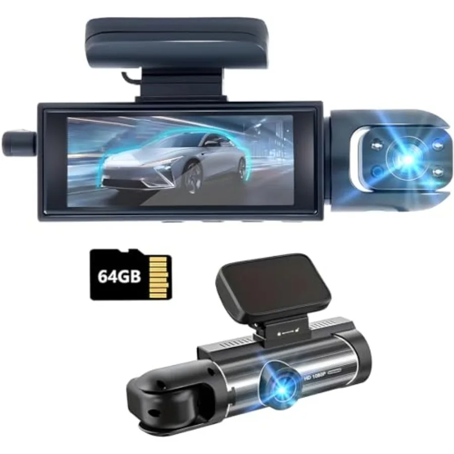 

Dash Cam Front and InsideDashcams for Cars with 64G Card Traffic Recorder IR Night Vision Loop Recording G-Sensor 24Hr Parking