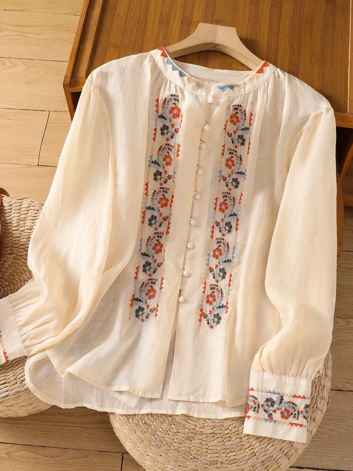 

Льняной хлопок с тяжелой вышивкой, женский свободный облегающий повседневный топ-фонарь Све на пуговицах, лето 2022, Faion Sle