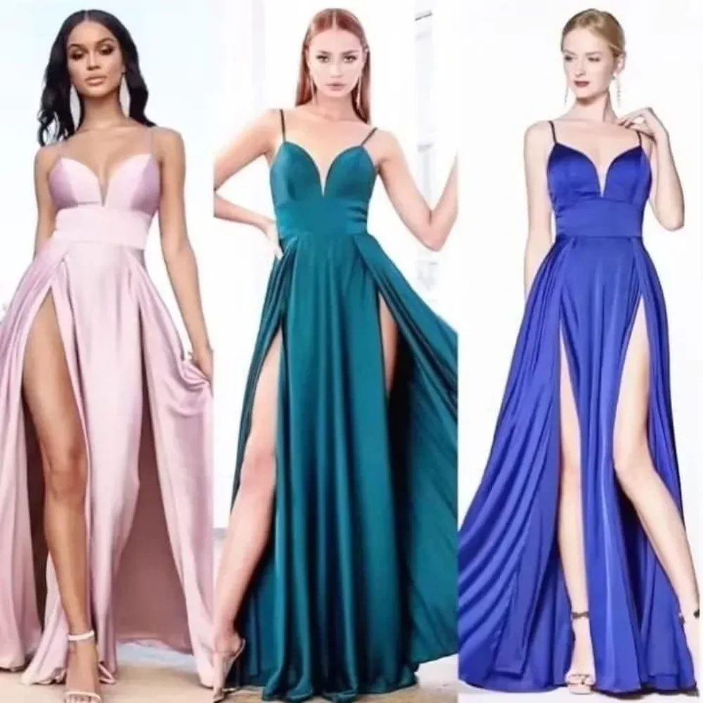 

Wakuta Sexy V Neck Sleeveless Satin Prom Dress A-Line Backless Double Slit Bridesmaid Prom Dress robe soirée femme mariage chic