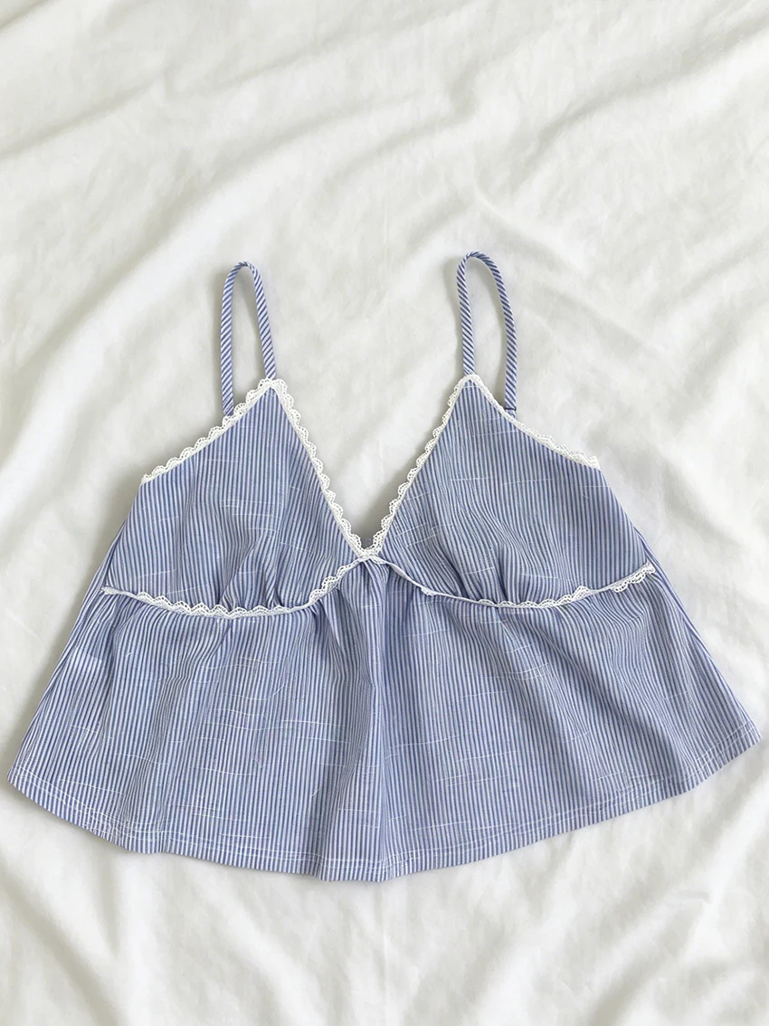 Camisolas de verano INS Spicy Girl con encaje, cuello en V, a rayas y patchwork para mujer, tops sin mangas y sin espalda, clásicos y versátiles.