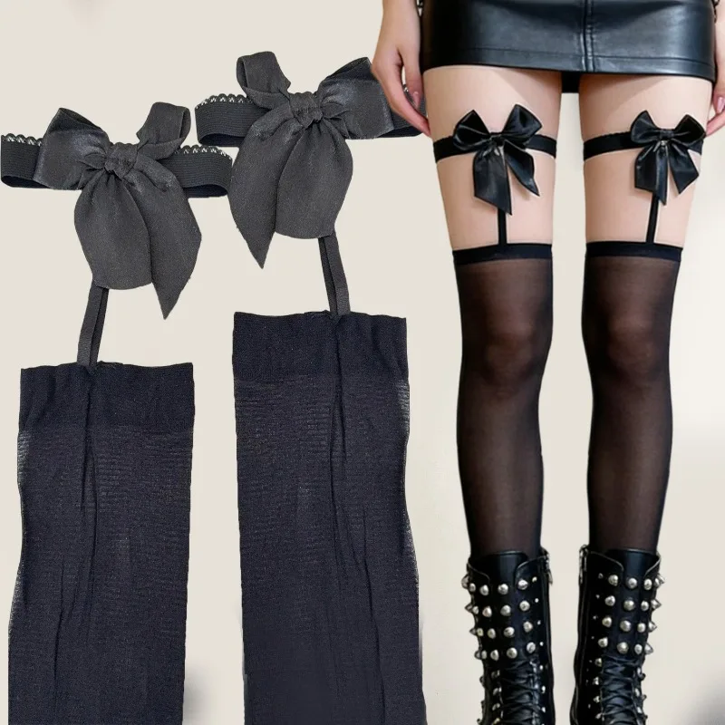 

Готические чулки с бантом и подвязками, панк-леггинсы, прозрачные леггинсы до бедра, кружевные чулки выше колена, однотонные чулки для дерзких девушек