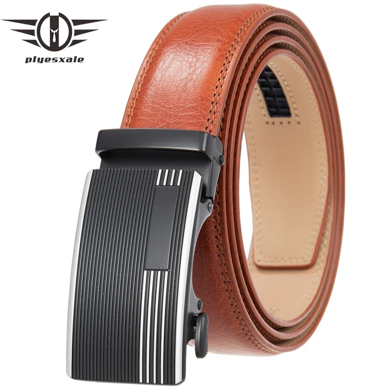 

Plyesxale Men's Leather Belt Automatic Buckle Metal Fashion Jeans Waist Strap Male Luxury Brand Designer Ratchet Belt Black G488