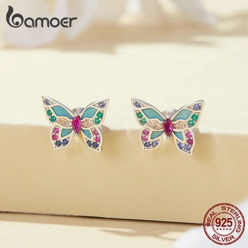 Bamoer 925 Sterling Silver Colorful Zircon Butterfly Stud Earrings for Women Birthday Party Fashion Fine Jewelry BSE807