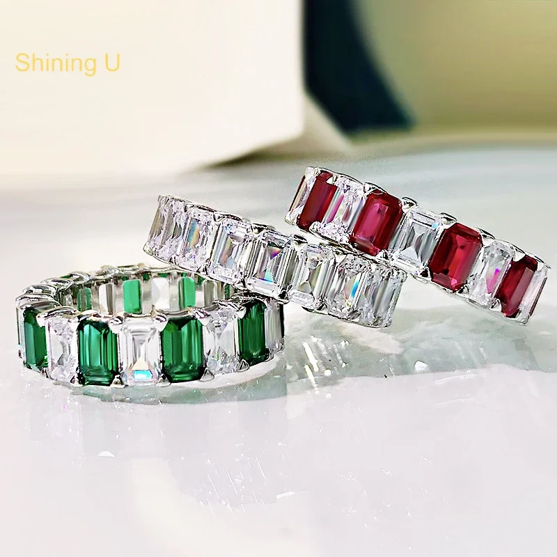 

Shining U S925 Silver Emerald Cut Synthetic Stone Ring Fine Jewelry for Women Anniversary