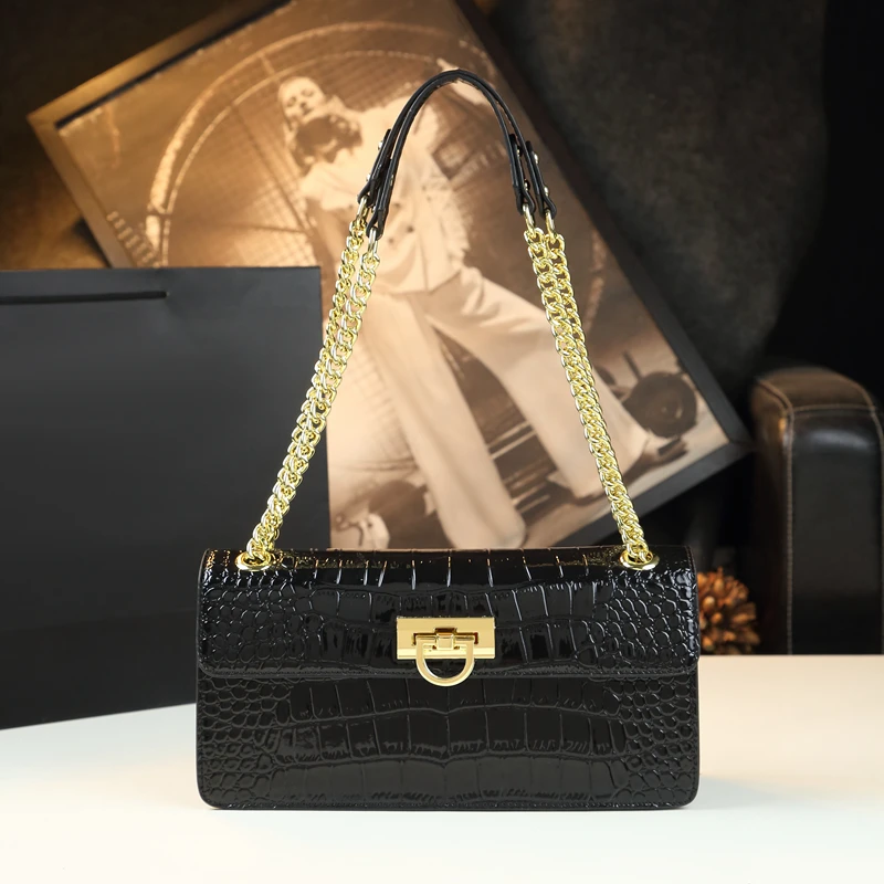 Crocodile Pattern 2023 Women\'s Bag Ladies Small Chain Handbag Niche Design Crossbody Genuine Leather Underarm Bag Mother Bags