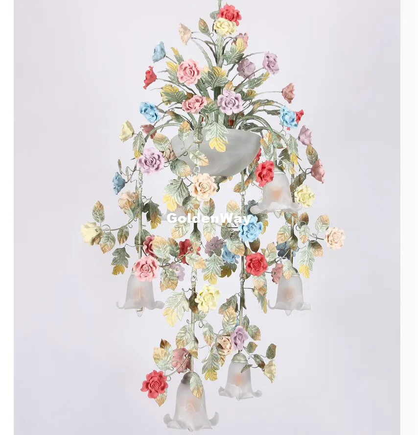 Art Floral Chandelier lamp Lustre Light 7L/10L Colorful Ceramic Rose Pendant Chandelier Light Fixture E14 LED AC Home Decoration